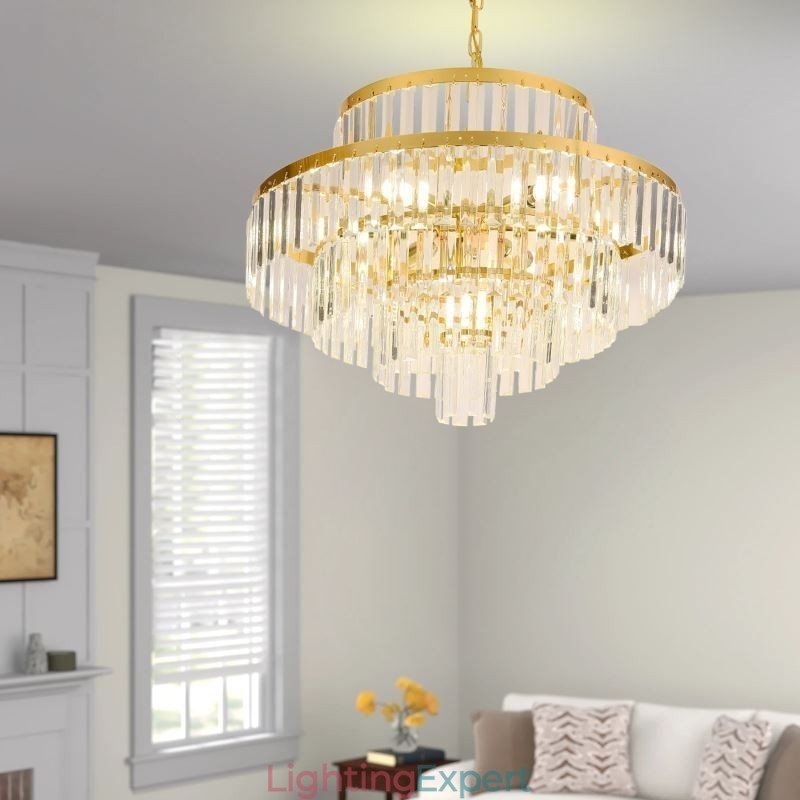 Gold Crystal Pendant Light 4 Tiers Ceiling Lighting 7 Lights
