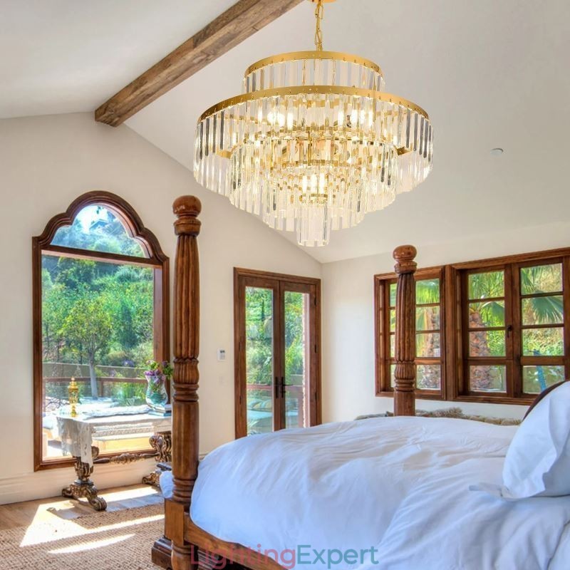 Gold Crystal Pendant Light 4 Tiers Ceiling Lighting 7 Lights