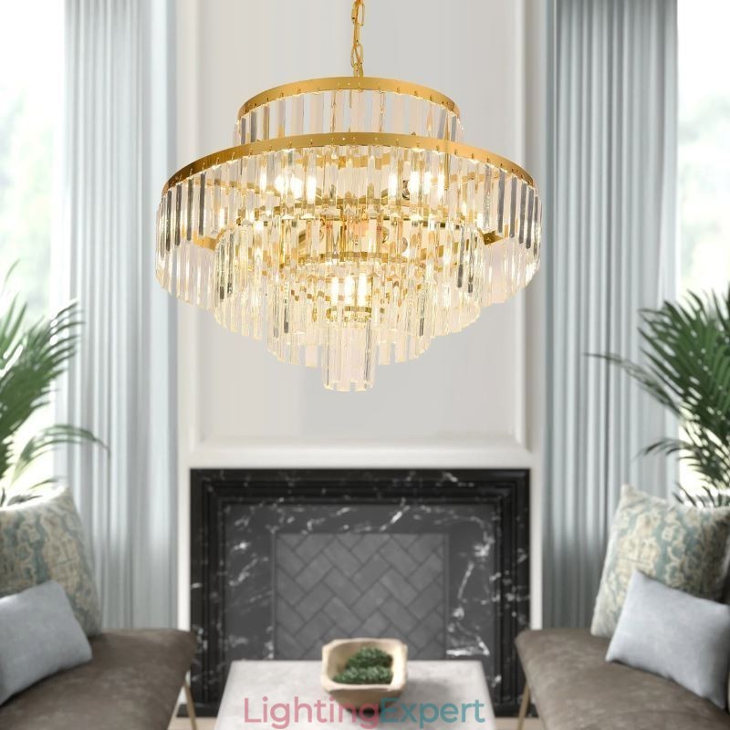 Gold Crystal Pendant Light 4 Tiers Ceiling Lighting 7 Lights