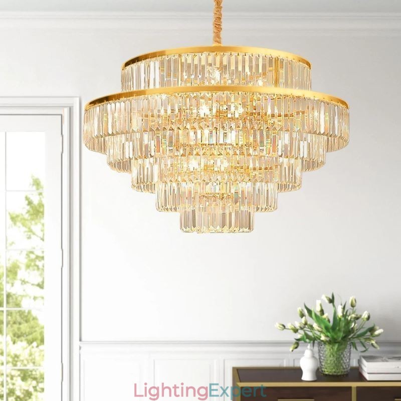 Gold Crystal Pendant Light 5 Tiers Ceiling Lighting 7 Lights