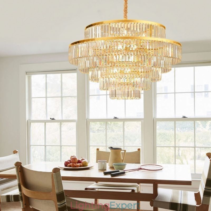 Gold Crystal Pendant Light 5 Tiers Ceiling Lighting 7 Lights
