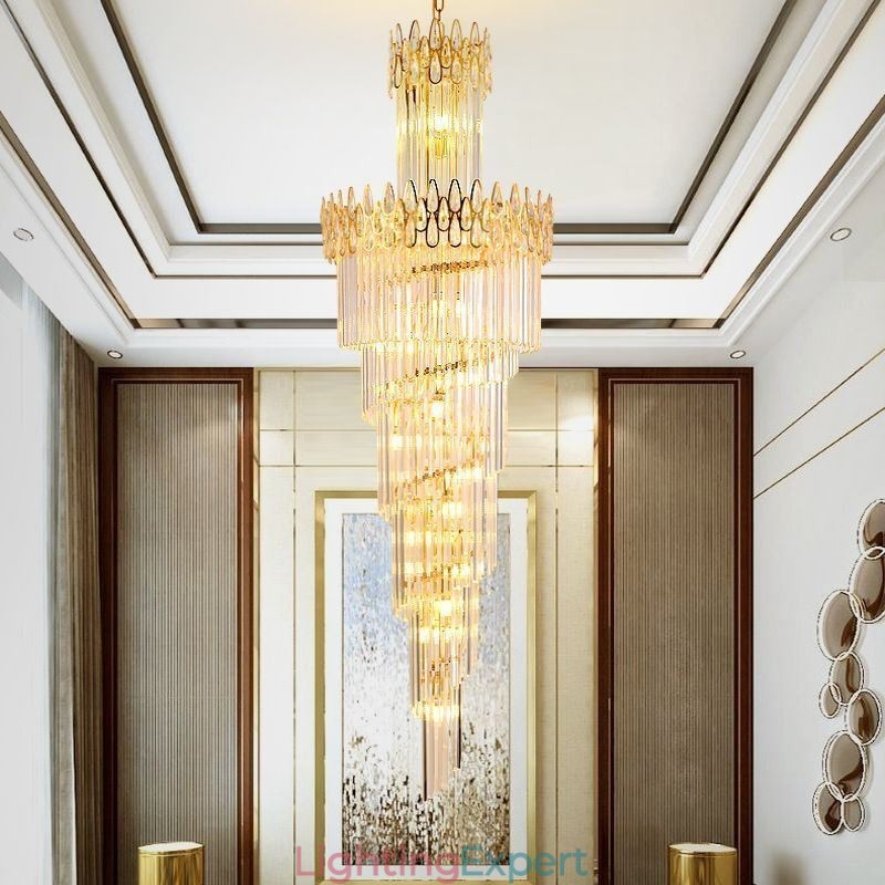 European Crystal High Ceiling Pendant Light Stairs