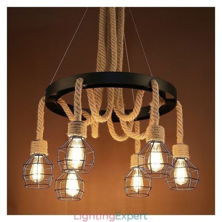 Retro Style 6 Heads Pendant Light Hemp Rope Chandelier With Iron Lampshade Retro Style 6 Heads Pendant Light Hemp Rope Chandelier With Iron Lampshade