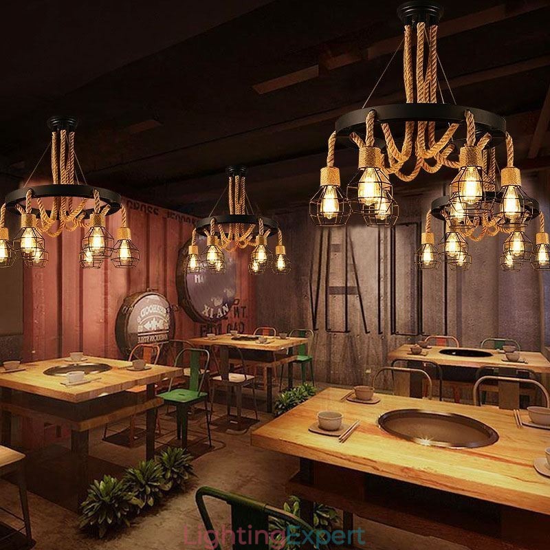 Retro Style 6 Heads Pendant Light Hemp Rope Chandelier With Iron Lampshade