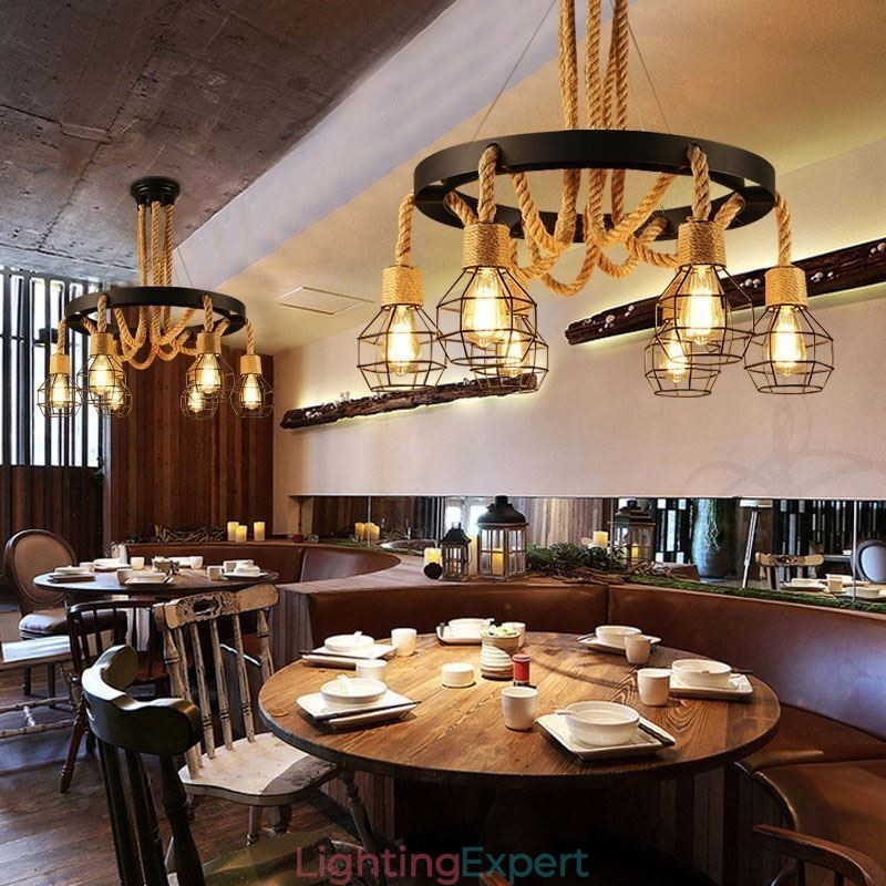 Retro Style 6 Heads Pendant Light Hemp Rope Chandelier With Iron Lampshade