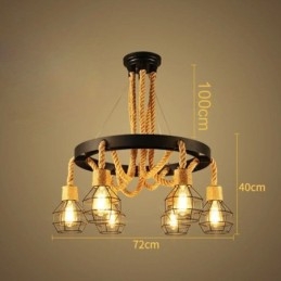 Retro Style 6 Heads Pendant Light Hemp Rope Chandelier With Iron Lampshade