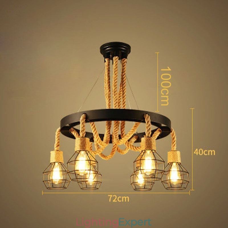 Retro Style 6 Heads Pendant Light Hemp Rope Chandelier With Iron Lampshade