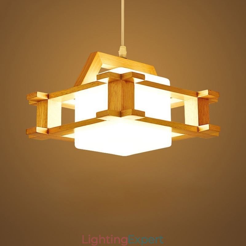 Nordic Style Oak Pendant Lamp with Frosted Glass Lamp Shade Cafe
