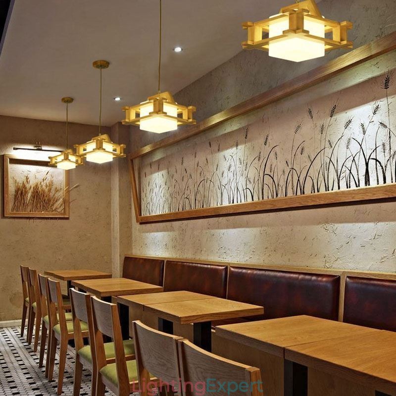 Nordic Style Oak Pendant Lamp with Frosted Glass Lamp Shade Cafe