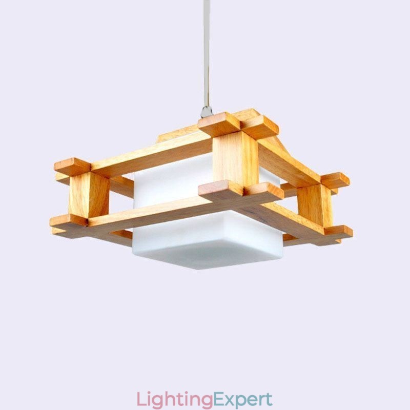 Nordic Style Oak Pendant Lamp with Frosted Glass Lamp Shade Cafe