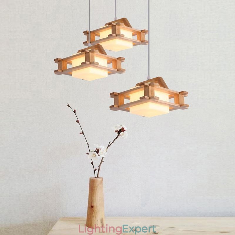 Nordic Style Oak Pendant Lamp with Frosted Glass Lamp Shade Cafe