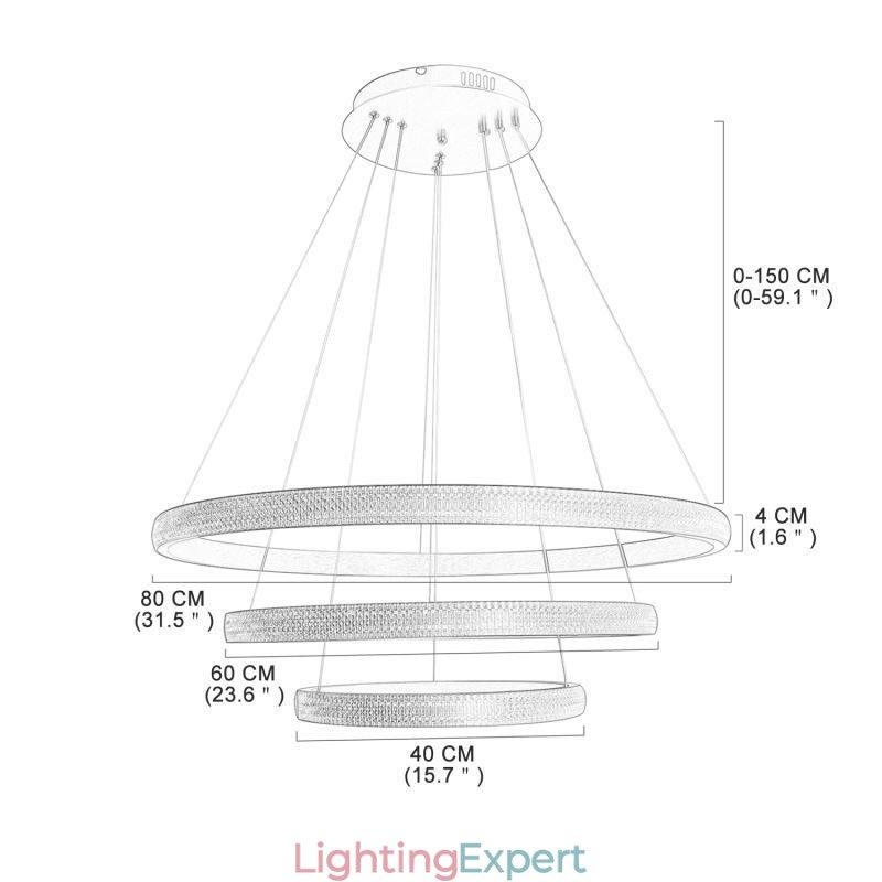 Modern Pendant Light Acrylic 3 Rings Lamp 80+60+40cm