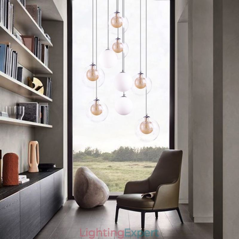 Pendant Light Glass Cluster Ceiling Light Gold Nickel Brushed+Milky Glass Ball