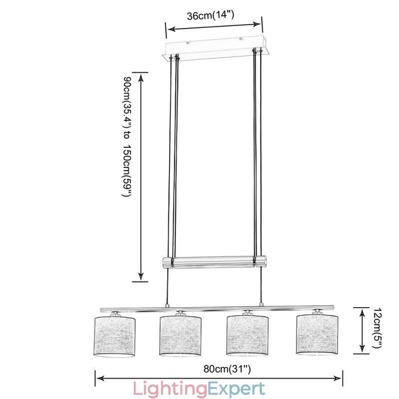 Modern 4 Light Pendant Light With Fabric Shade Adjustable Height