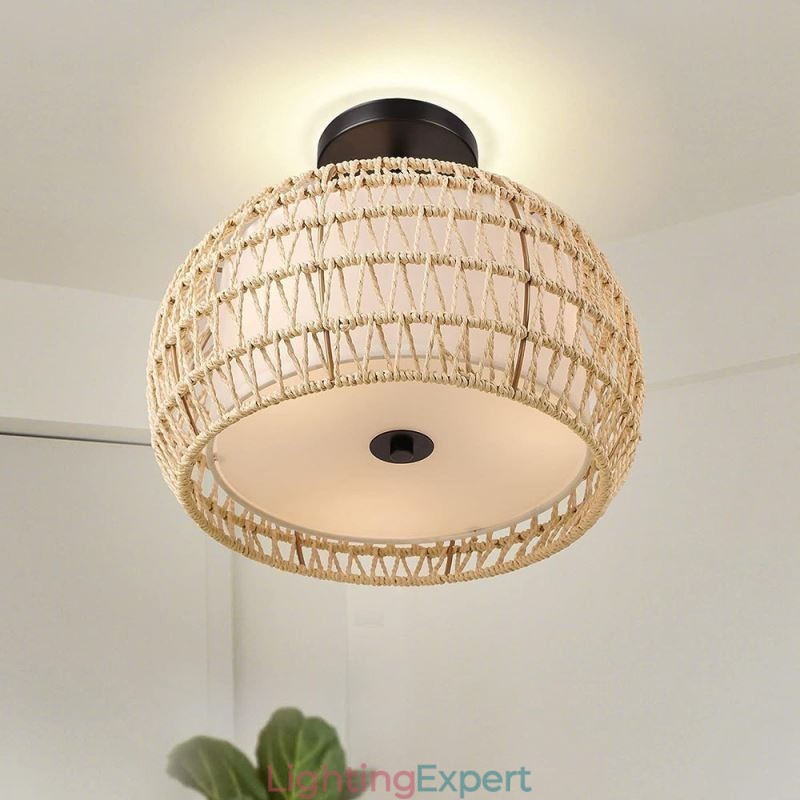 Paper Rope Fabric Flush Mount 32cm Round Lampshade 3 Lights