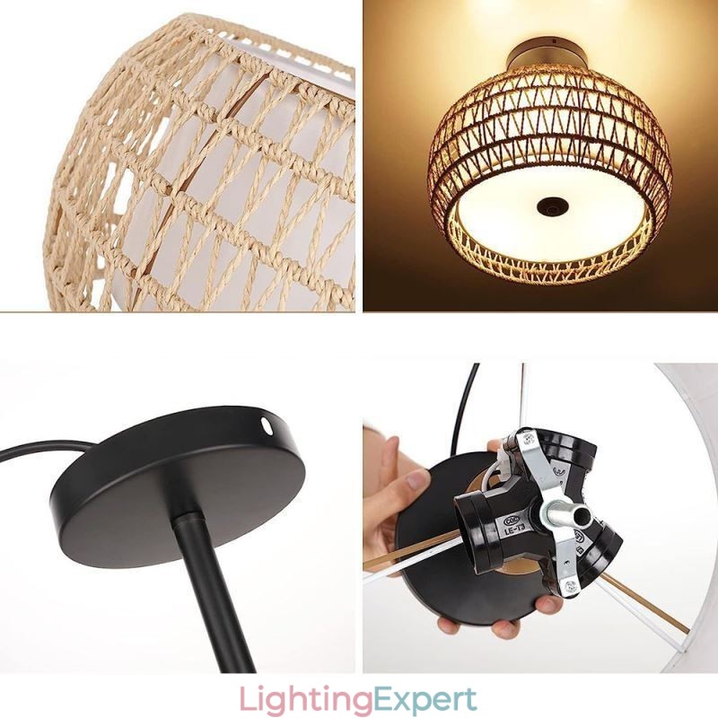Paper Rope Fabric Flush Mount 32cm Round Lampshade 3 Lights