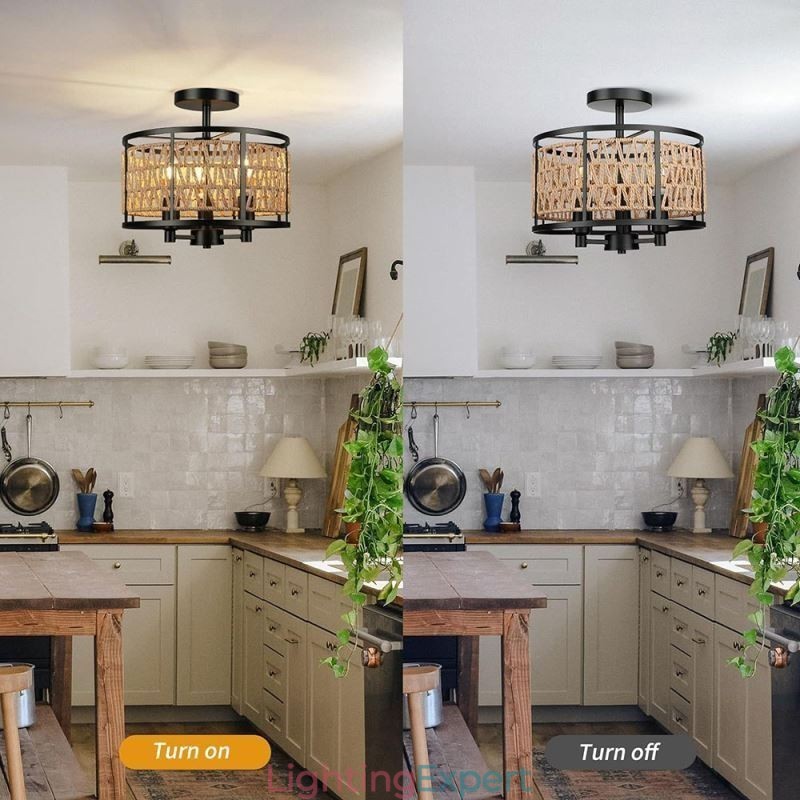 Retro Ceiling Light Black Iron Paper Rope Ceiling Lamp 3 Lights