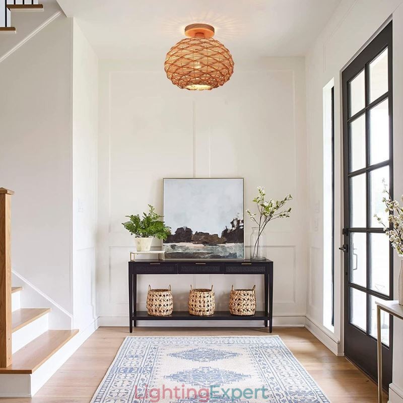 Wood Color Pumpkin Flush Mount Paper Rope Rattan Woven Lampshade