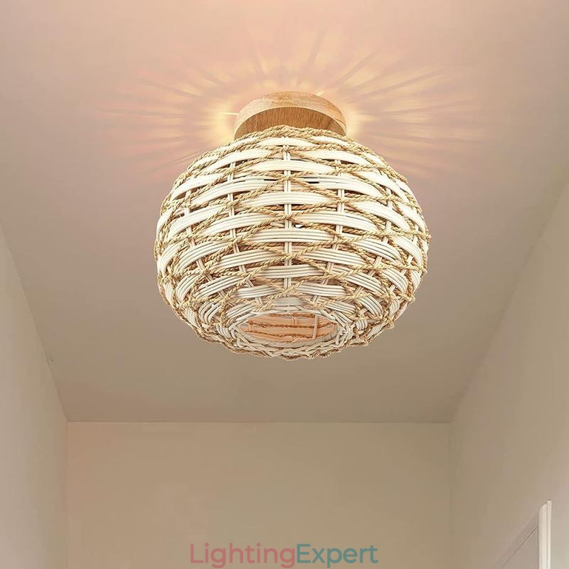 Wood Color Pumpkin Flush Mount Paper Rope Rattan Woven Lampshade