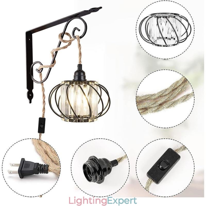 Retro Country Ceiling Light Hemp Rope Iron Bedside Pendant Light With Plug