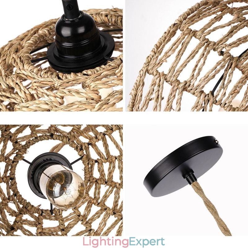 Country Retro Pendant Light Hand Woven Paper Rope Lampshade 30cm