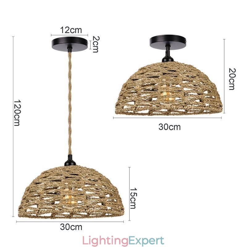 Country Retro Pendant Light Hand Woven Paper Rope Lampshade 30cm