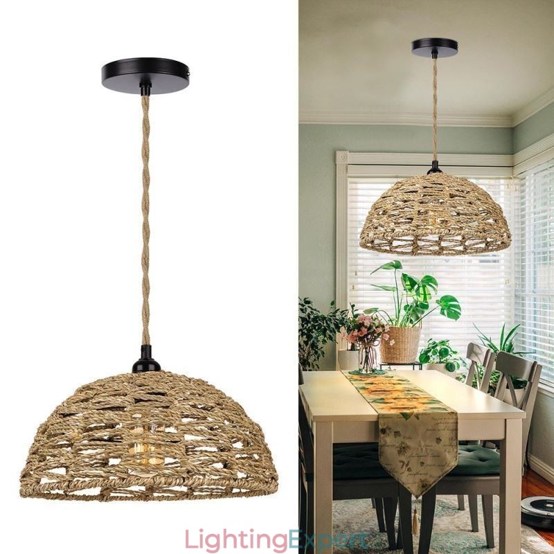 Country Retro Pendant Light Hand Woven Paper Rope Lampshade 30cm