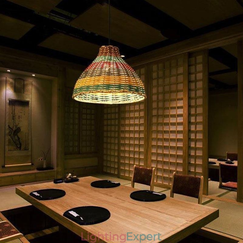 Bamboo And Rattan Pendant Light Colorful Striped Interval Handwoven Lamp Shade Ceiling Lamp