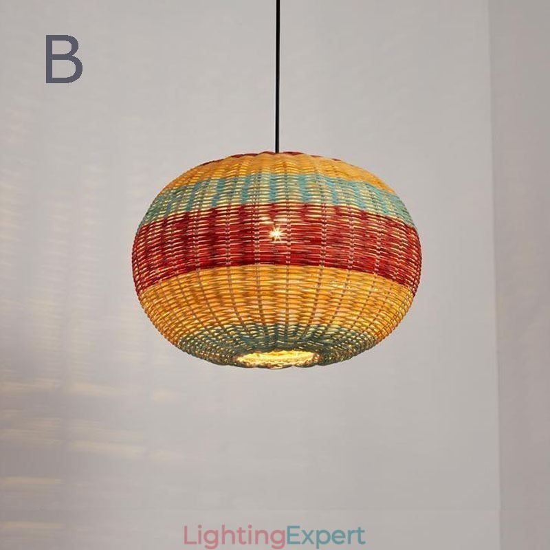 Bamboo And Rattan Pendant Light Colorful Striped Interval Handwoven Lamp Shade Ceiling Lamp