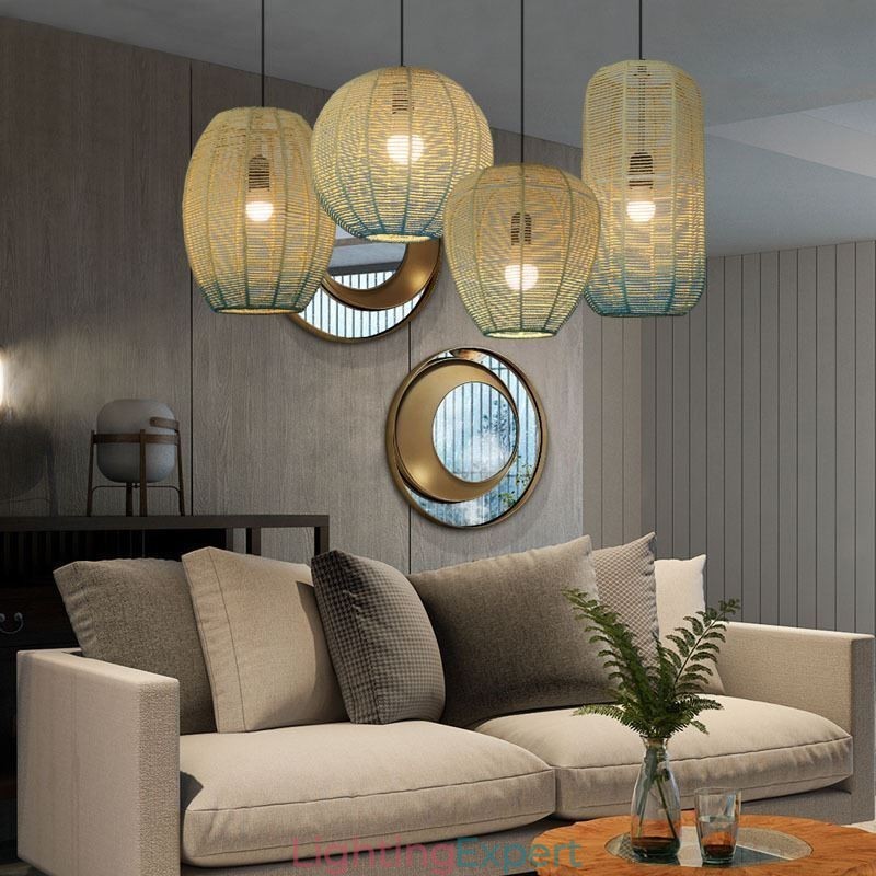 Paper Rope Pendant Light Country Retro Gradient Blue Ceiling Lamp