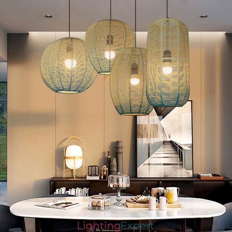 Paper Rope Pendant Light Country Retro Gradient Blue Ceiling Lamp