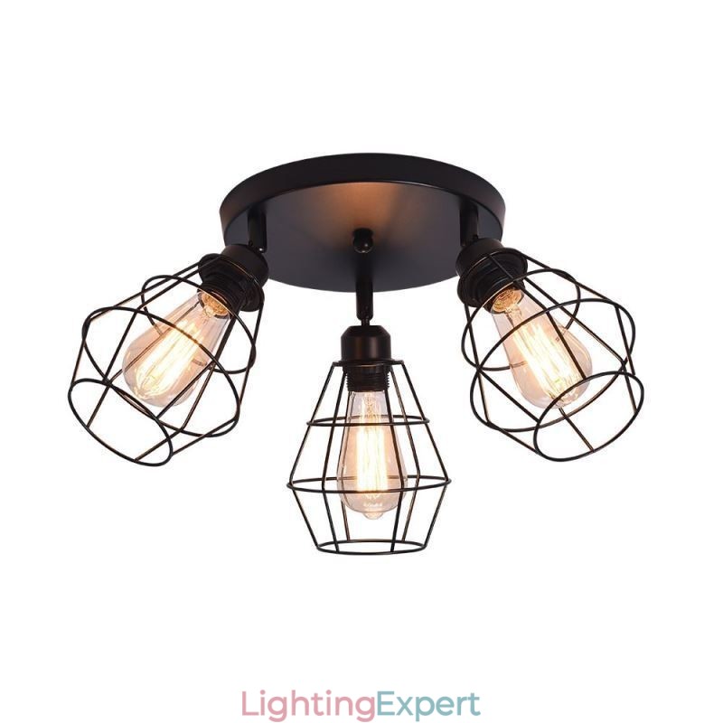 Industrial Flush Mount Ceiling Light Fixture 3 Light Metal Cage Ceiling Lamp