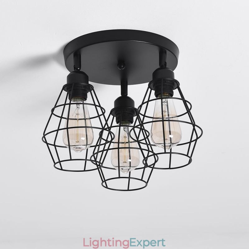 Industrial Flush Mount Ceiling Light Fixture 3 Light Metal Cage Ceiling Lamp