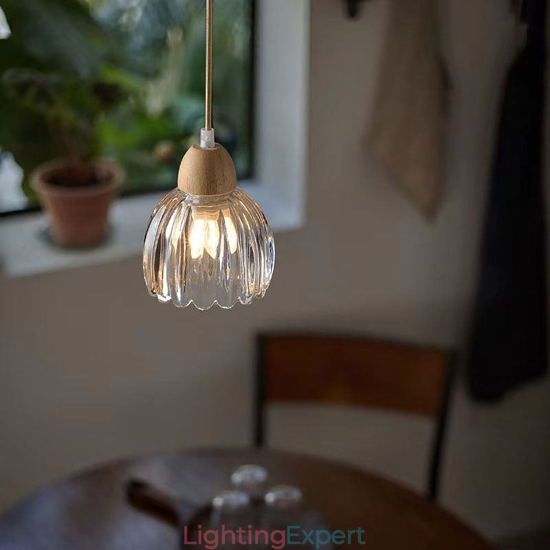 Glass Pendant Light Retro Pastoral Style Island Ceiling Light Rubber Wood Decorative Lamp