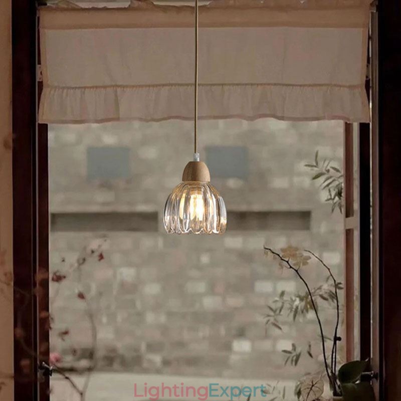 Glass Pendant Light Retro Pastoral Style Island Ceiling Light Rubber Wood Decorative Lamp
