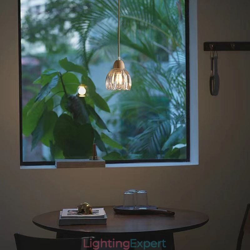Glass Pendant Light Retro Pastoral Style Island Ceiling Light Rubber Wood Decorative Lamp