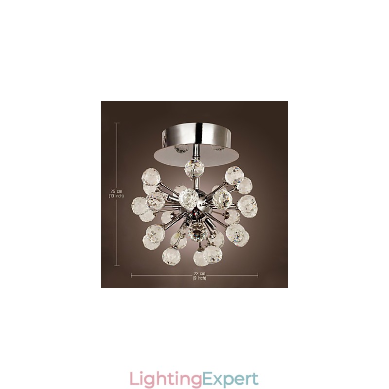 Modern Contemporary Crystal Mini Style Chrome Metal Chandelier Flush Mount