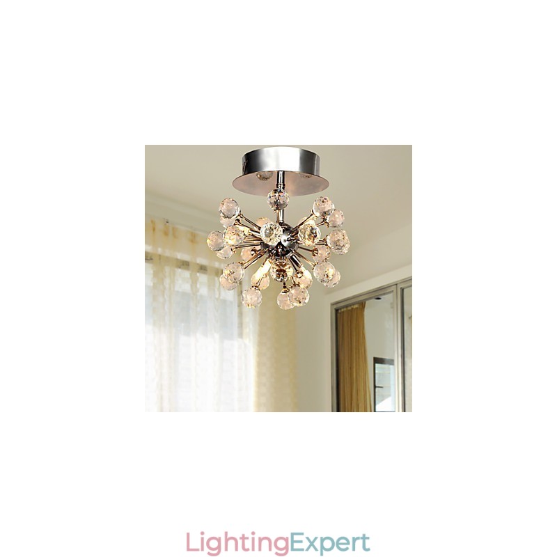 Modern Contemporary Crystal Mini Style Chrome Metal Chandelier Flush Mount