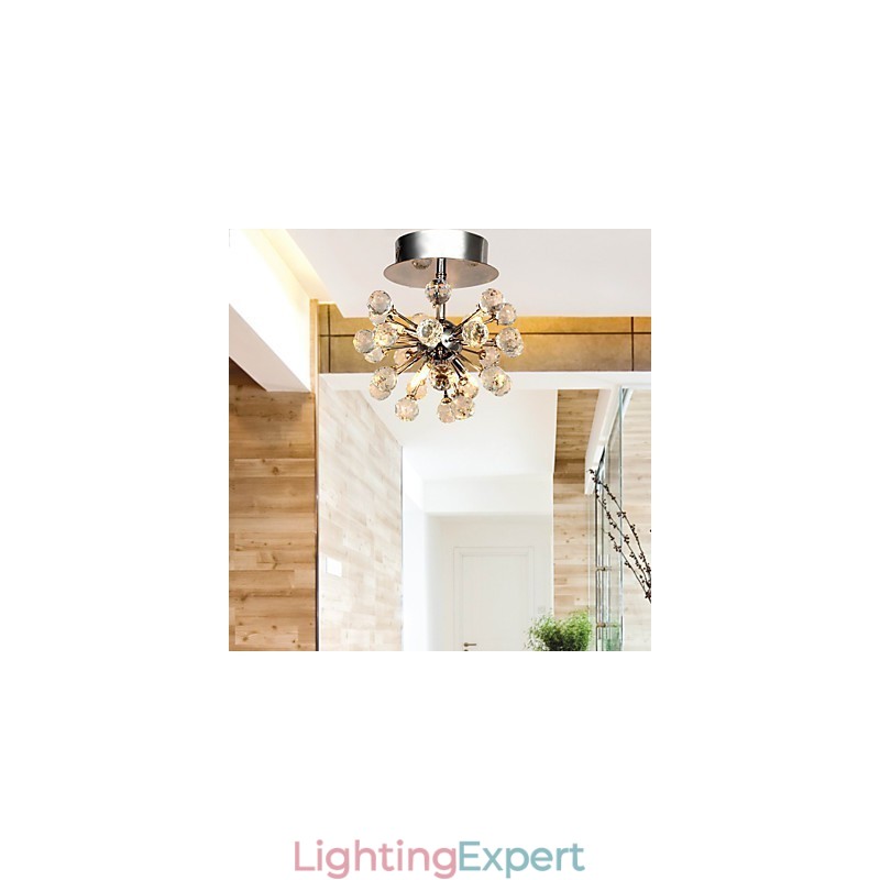 Modern Contemporary Crystal Mini Style Chrome Metal Chandelier Flush Mount