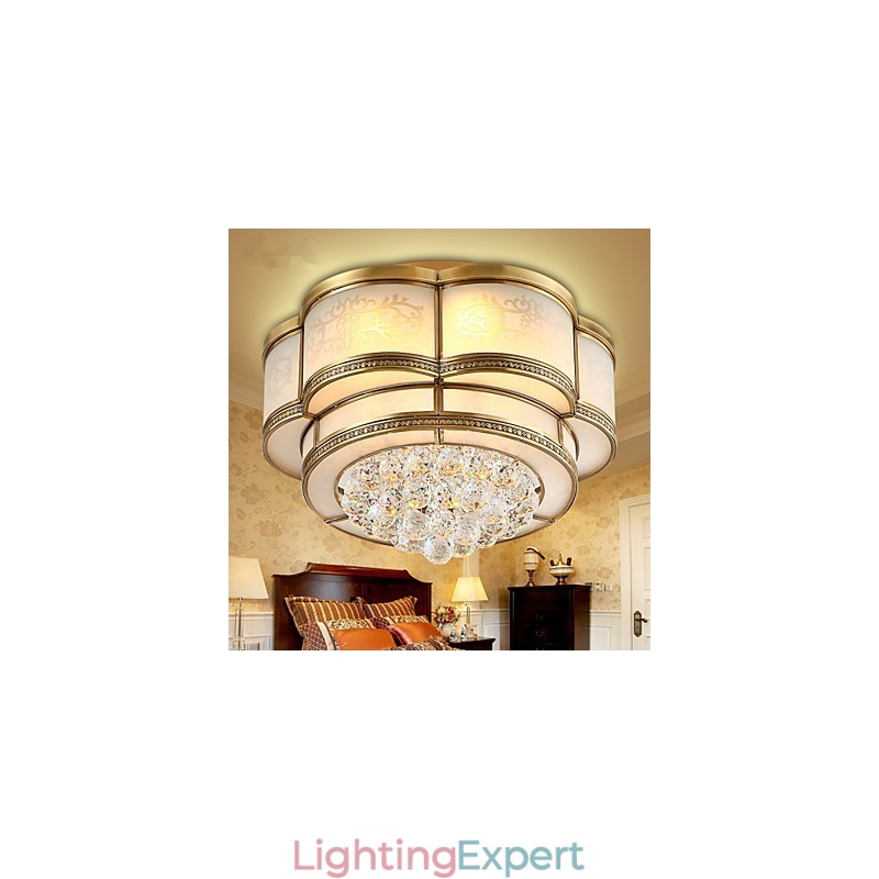Traditional Classic Rustic Lodge Crystal Brass Metal Flush Mount
