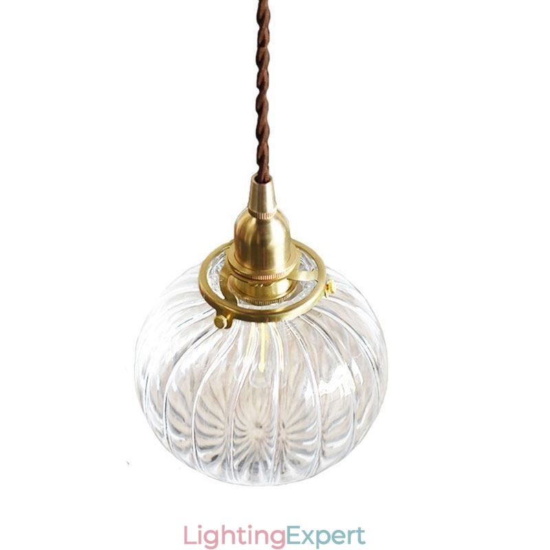 Glass Pendant Light Clear Round Ribbed Pumpkin Shape Lamp 1 Light