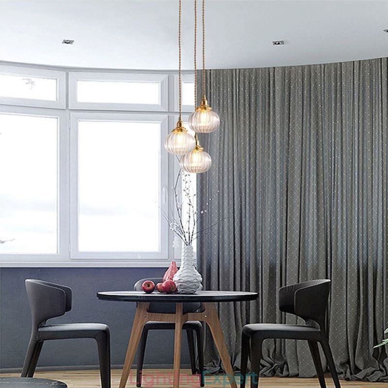 Glass Pendant Light Clear Round Ribbed Pumpkin Shape Lamp 1 Light