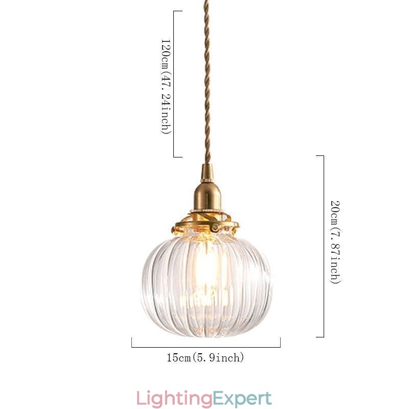 Glass Pendant Light Clear Round Ribbed Pumpkin Shape Lamp 1 Light