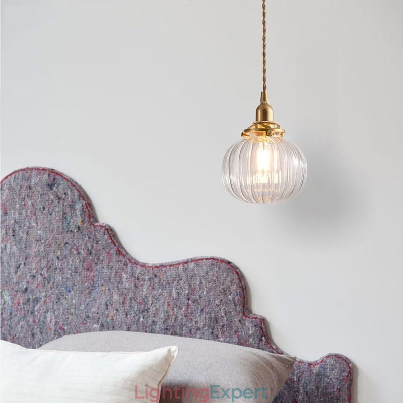 Glass Pendant Light Clear Round Ribbed Pumpkin Shape Lamp 1 Light