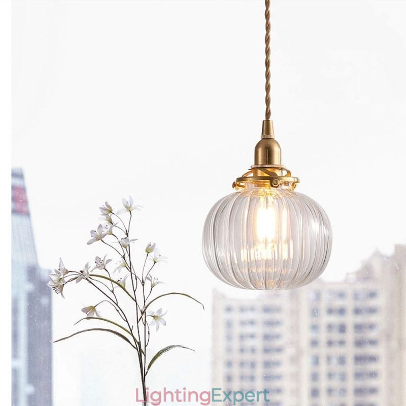 Glass Pendant Light Clear Round Ribbed Pumpkin Shape Lamp 1 Light