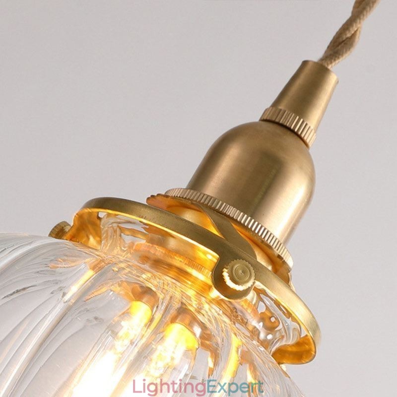 Glass Pendant Light Clear Round Ribbed Pumpkin Shape Lamp 1 Light