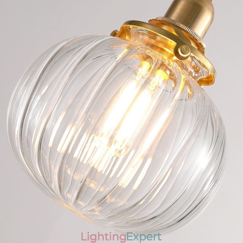 Glass Pendant Light Clear Round Ribbed Pumpkin Shape Lamp 1 Light