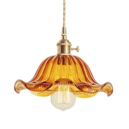 Vintage Colorful Ribbed Glass Pendant Light Flower Shade Lamp With Twist Switch Light