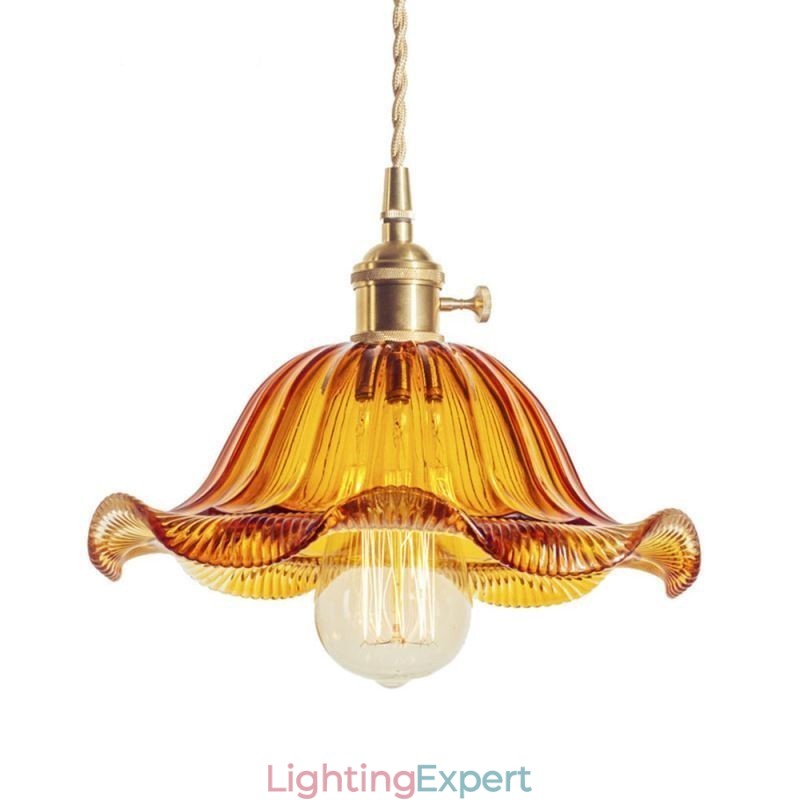 Vintage Colorful Ribbed Glass Pendant Light Flower Shade Lamp With Twist Switch Light