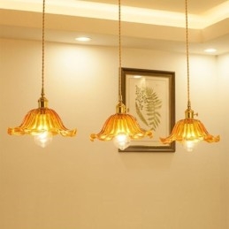 Vintage Colorful Ribbed Glass Pendant Light Flower Shade Lamp With Twist Switch Light